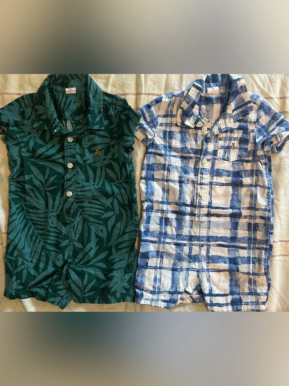 Baby GAP Bundle Green Leaf-Print 12-18 & Blue Plaid Button-Front 18-24 Rompers